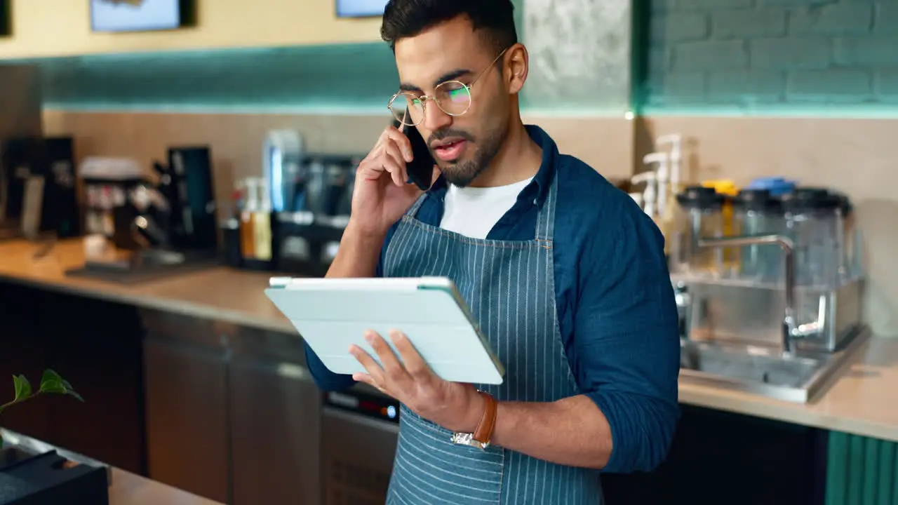 Man phone call and tablet for cafe communication