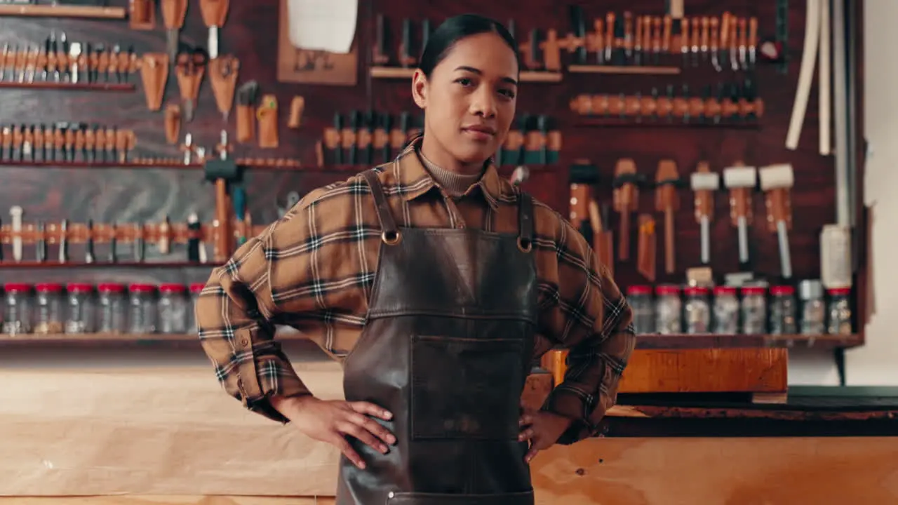 Leather work portrait of confident woman