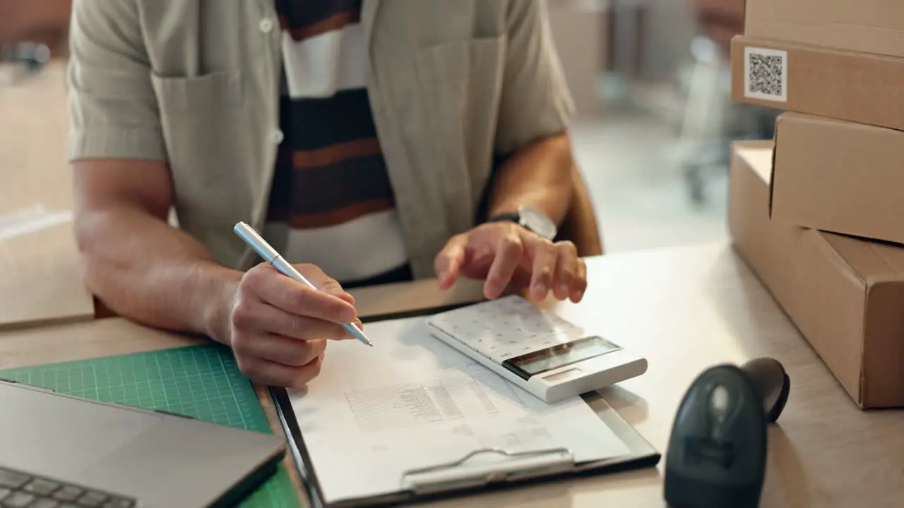 Man hands and writing with calculator in finance