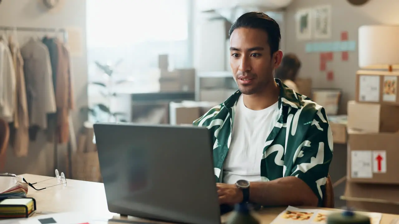 Happy asian man laptop and ecommerce