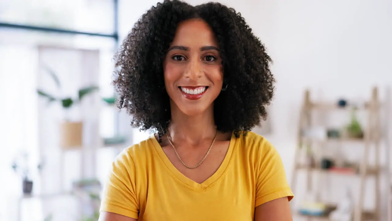 Black woman face and smile in startup office