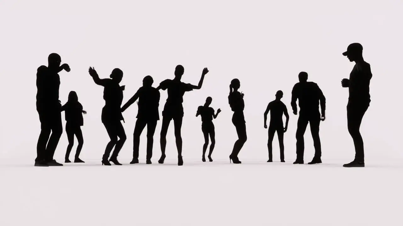 People's silhouettes dancing and having fun on white