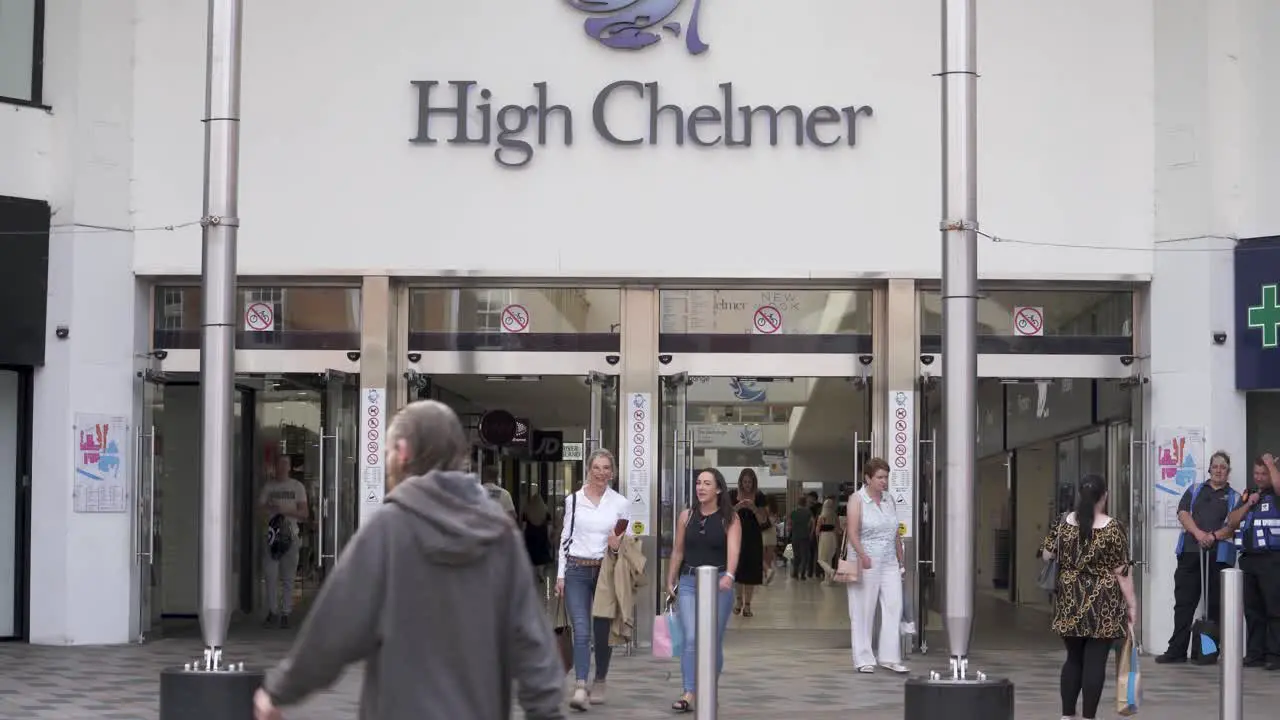 High Chelmer shopping centre entrance in Chelmsford with people walking