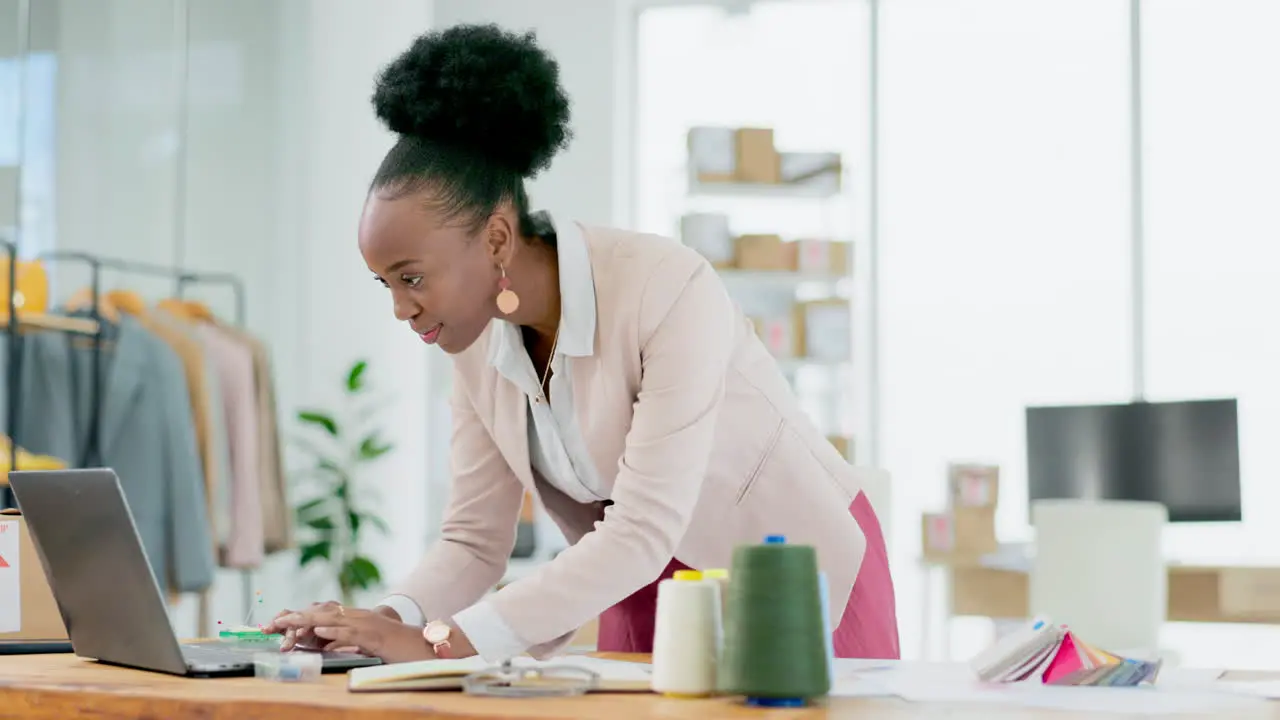 Black woman laptop and smile for small business