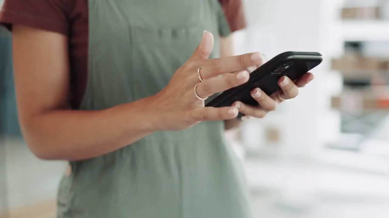 Closeup hands and woman with smartphone