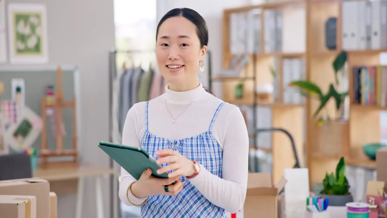 Ecommerce smile and Asian woman with tablet