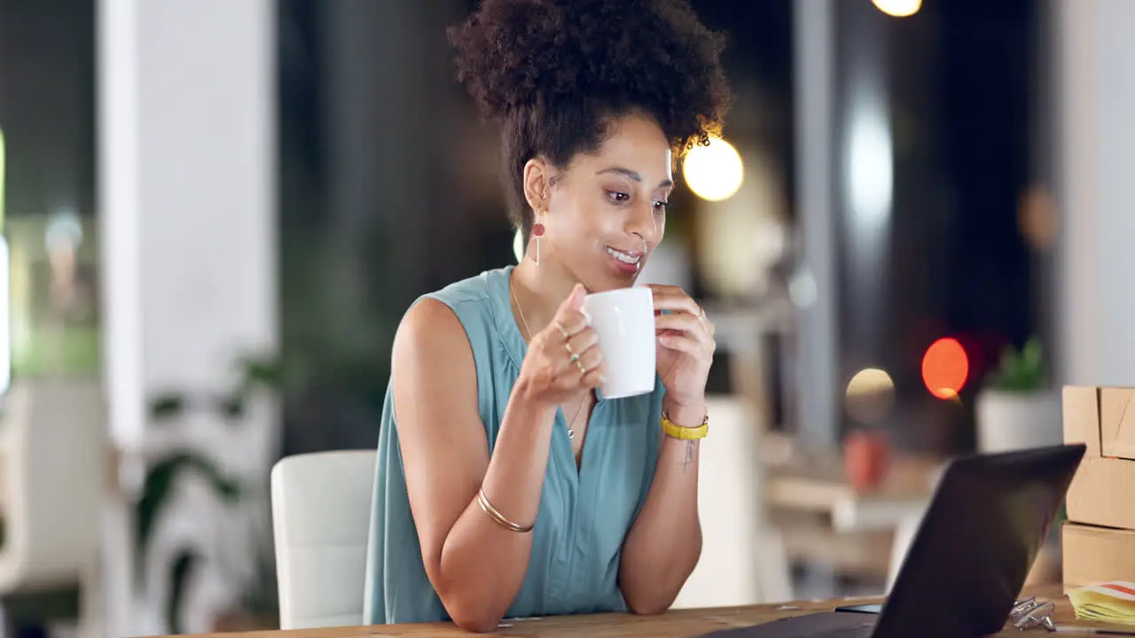 Night coffee and laptop with woman in office