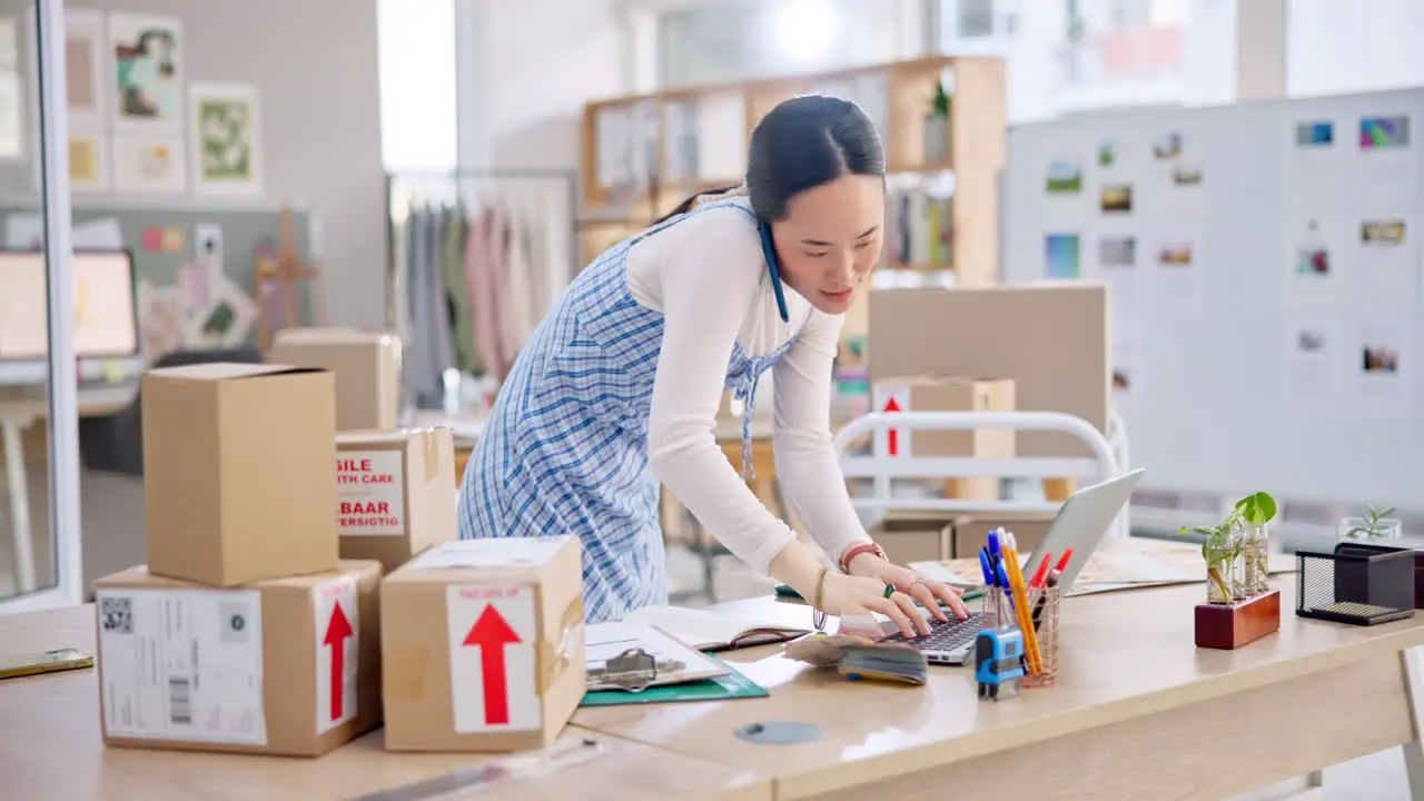 Ecommerce Asian woman with phone call and tech