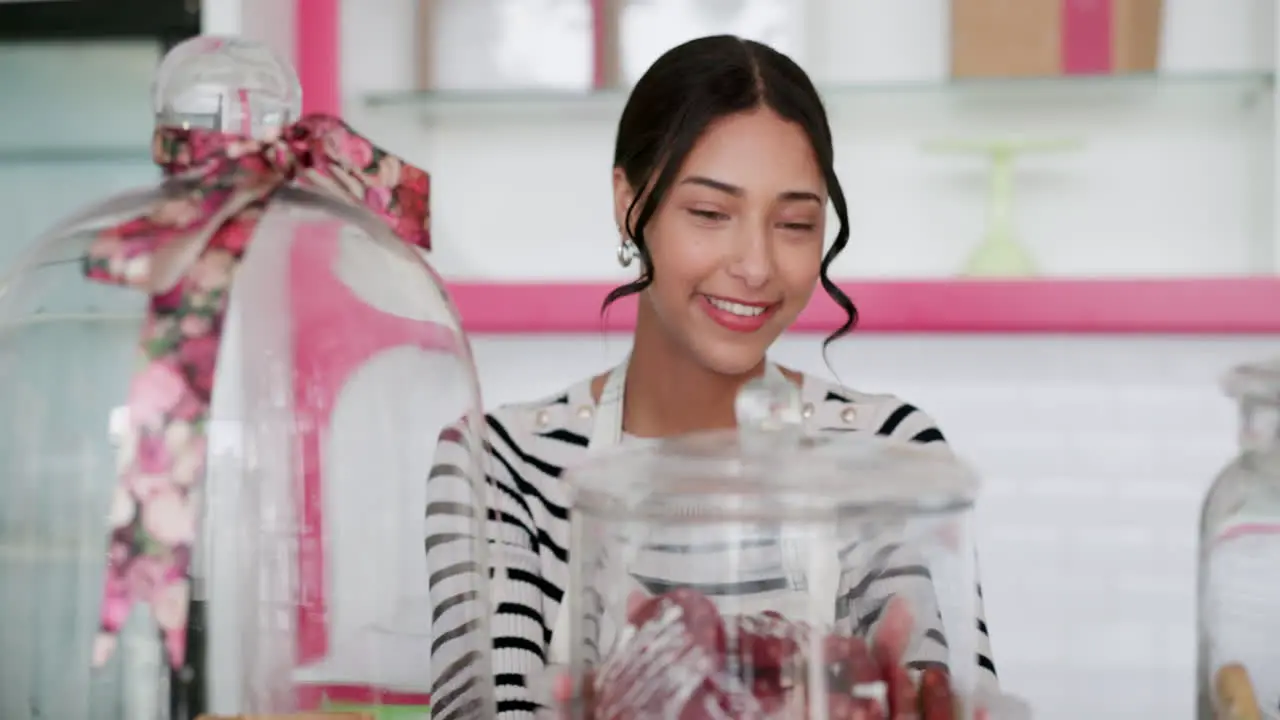 Retail smile and bakery with woman in store