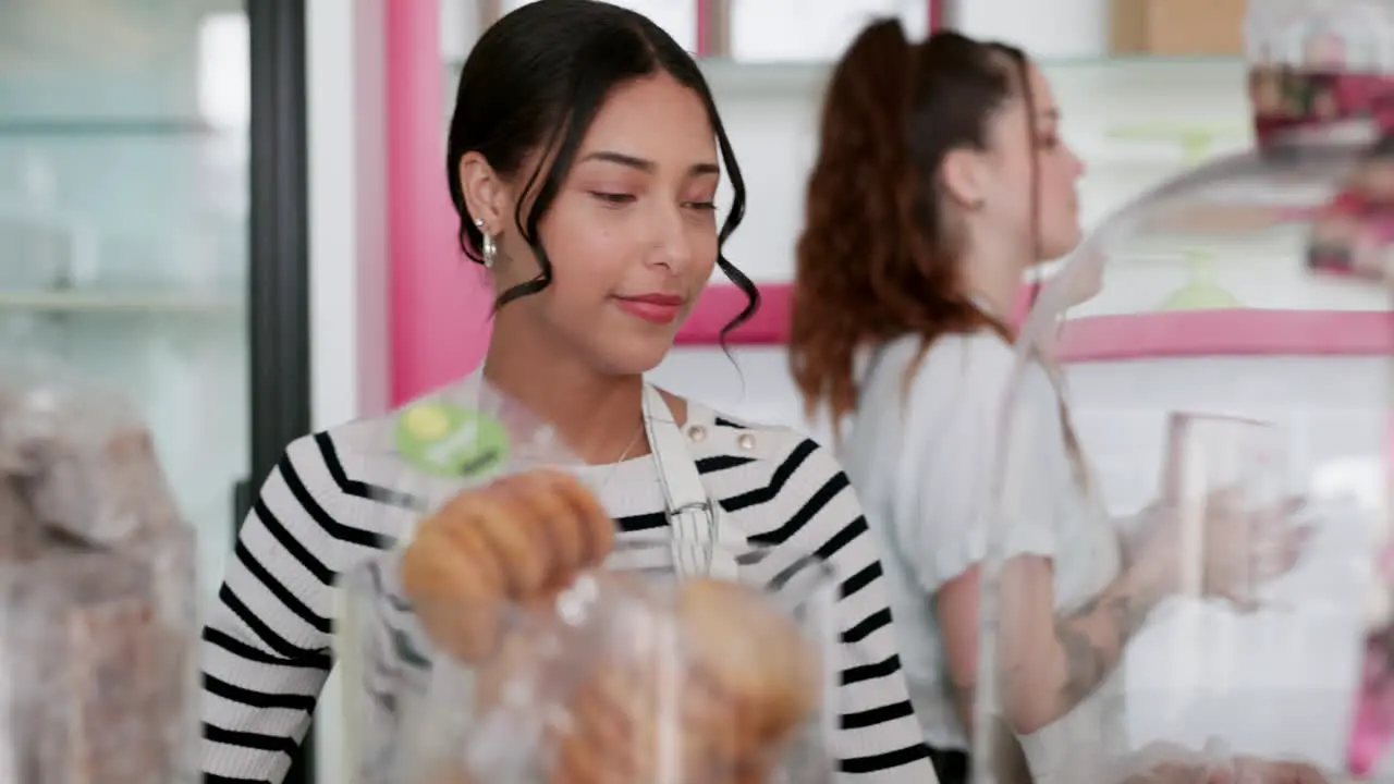 Cake smile and bakery with woman in store