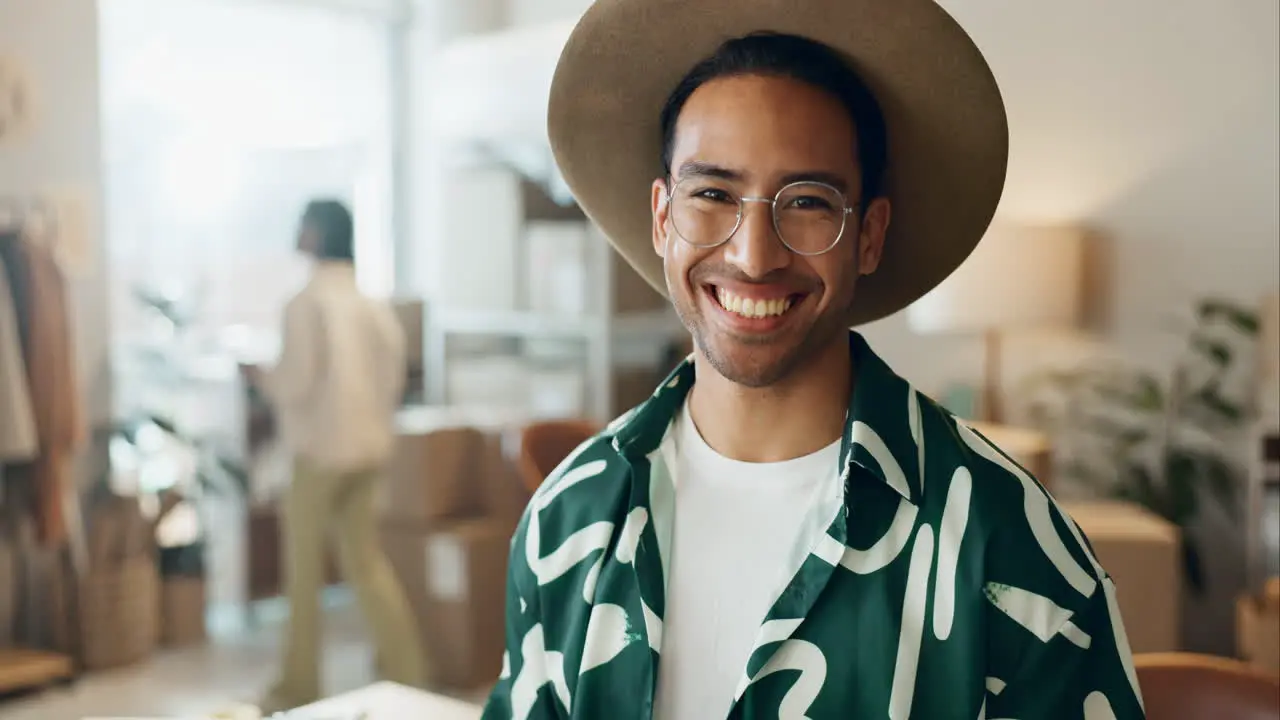 Designer fashion or face of happy man in workshop