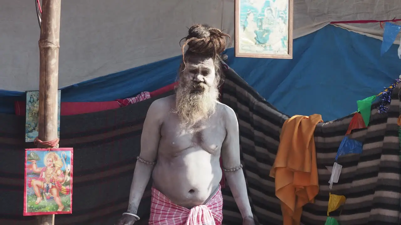 Portrait image of a Naga sadhu at ganga Sagar transit camp Kolkata west Bengal India