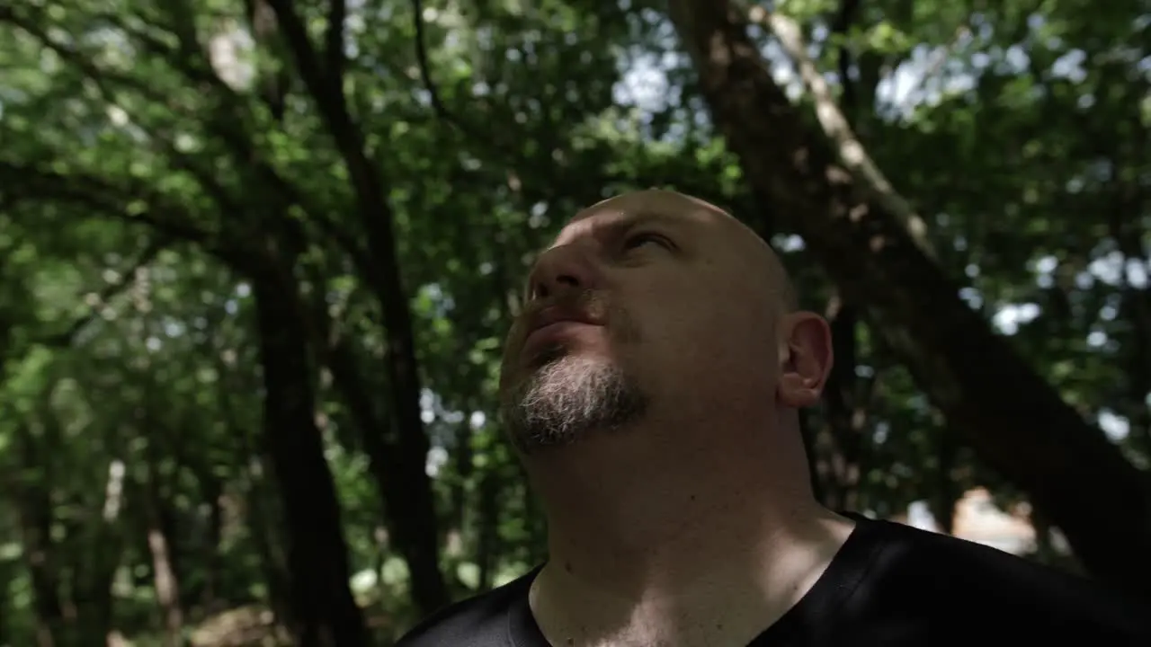 A man stands in forest looking up at sky in slow motion