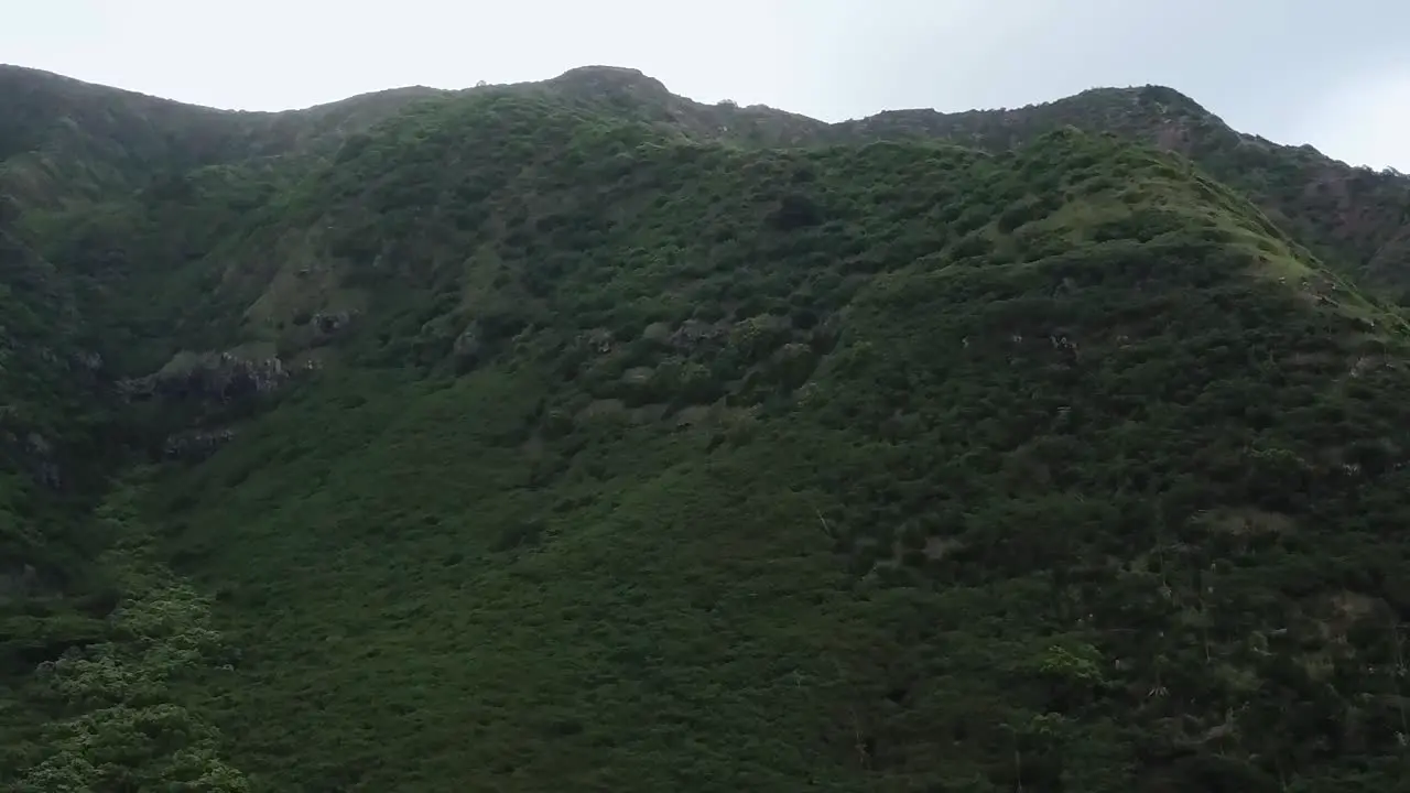 Drone aerial mountains pan up valley Hawaii