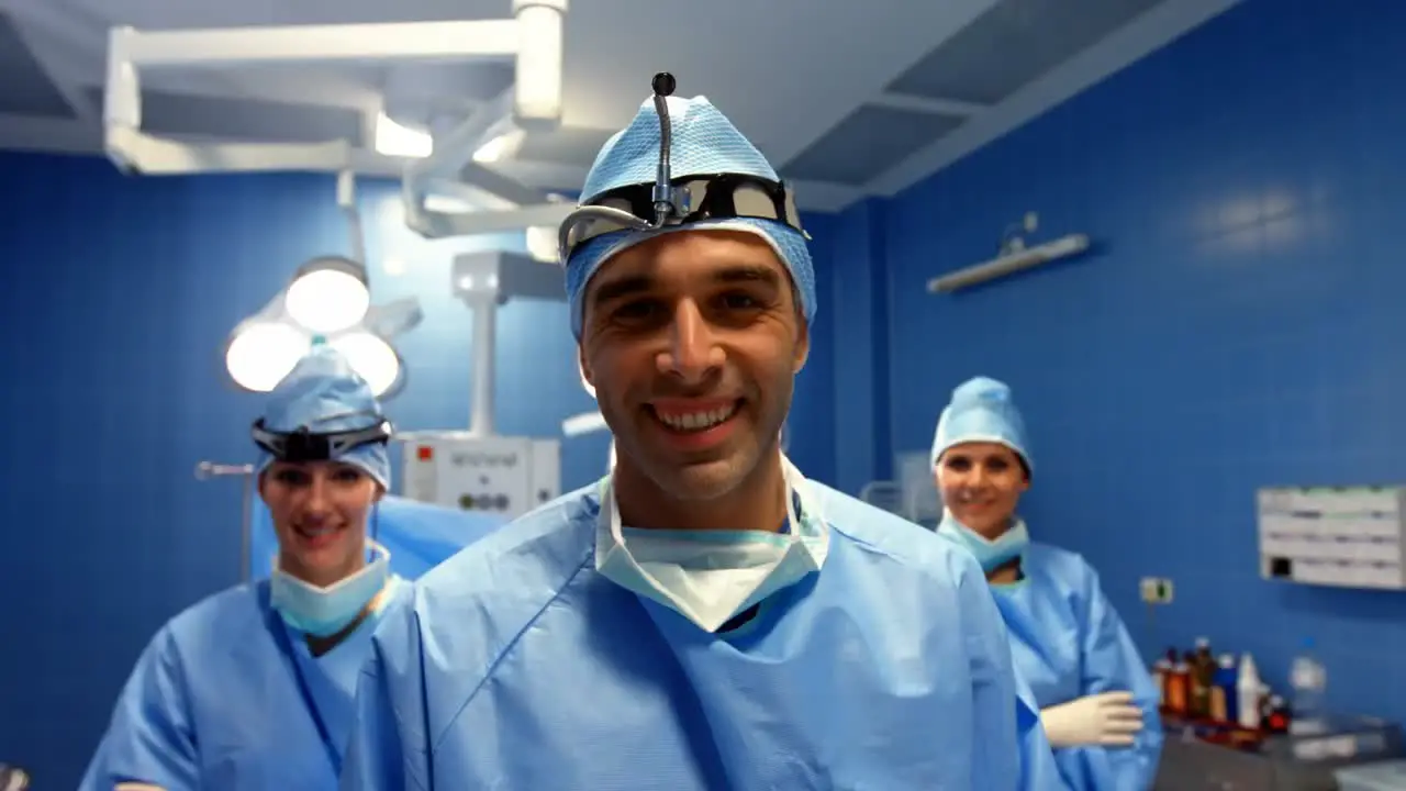 Portrait of surgeon and nurses standing in operation room