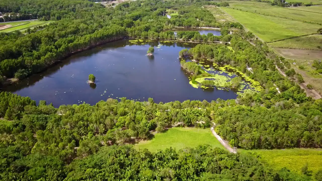 Backwards aerial footage of the Cattana Wetlands at Smithfield near Cairns Queensland Australia