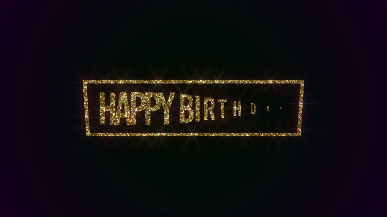 Animated closeup Happy Birthday text with gold frame on holiday background