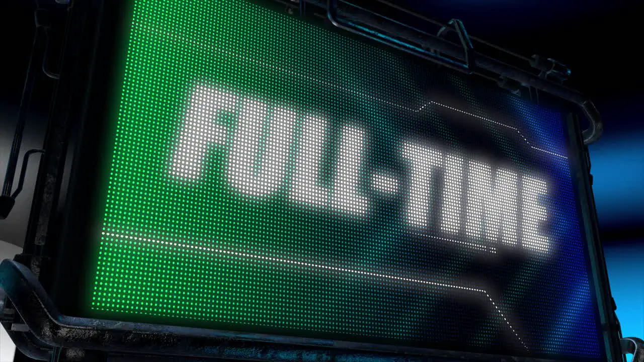 3D animated motion graphics design of a hi tech screen flashing a lightboard style sports title card in classic blue and green color scheme with animated chevrons and the bold Full-time caption