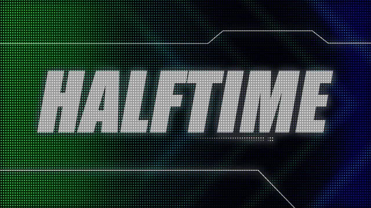 2D animated motion graphics design of a flashing lightboard style sports title card in classic blue and green color scheme with animated chevrons and the bold Halftime caption