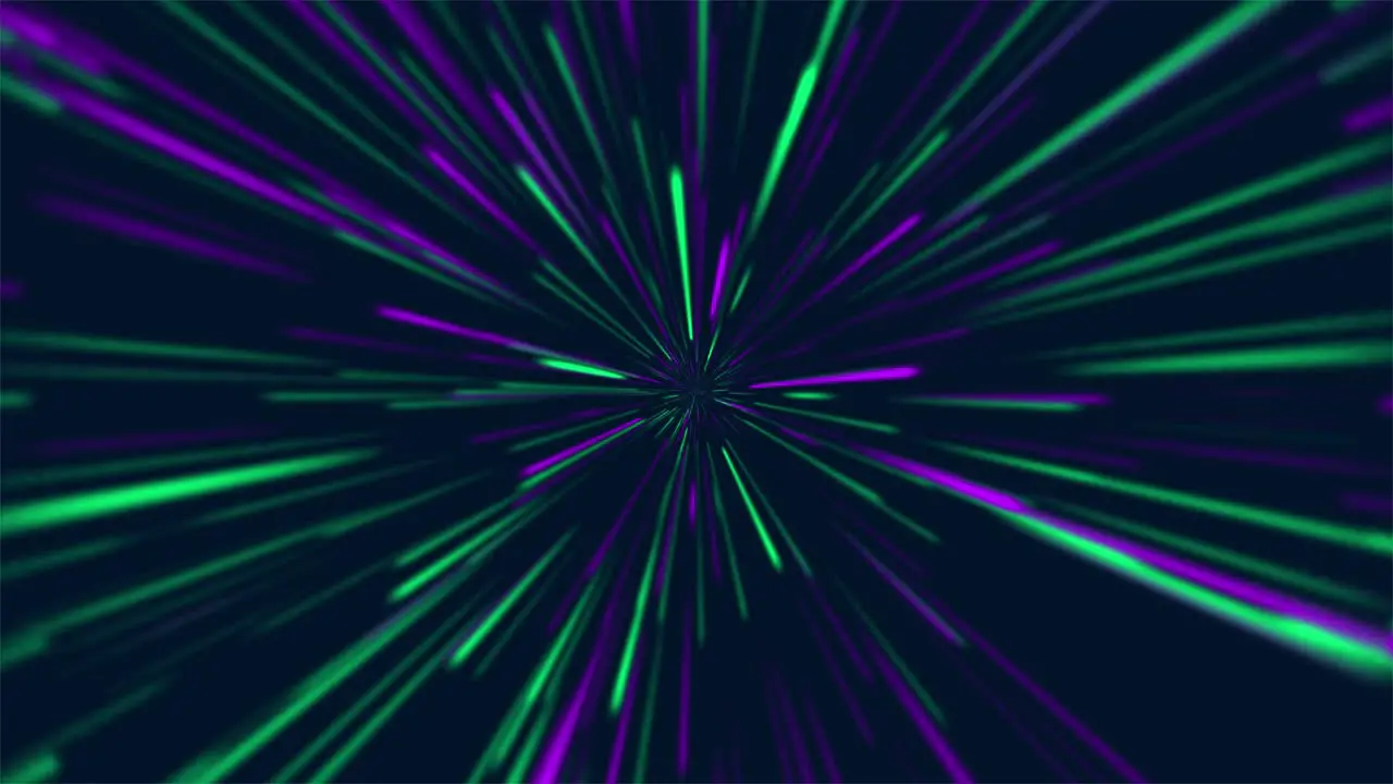 Animation of glowing colorful green and purple moving lines simulating fiber connections or hyperspace journey