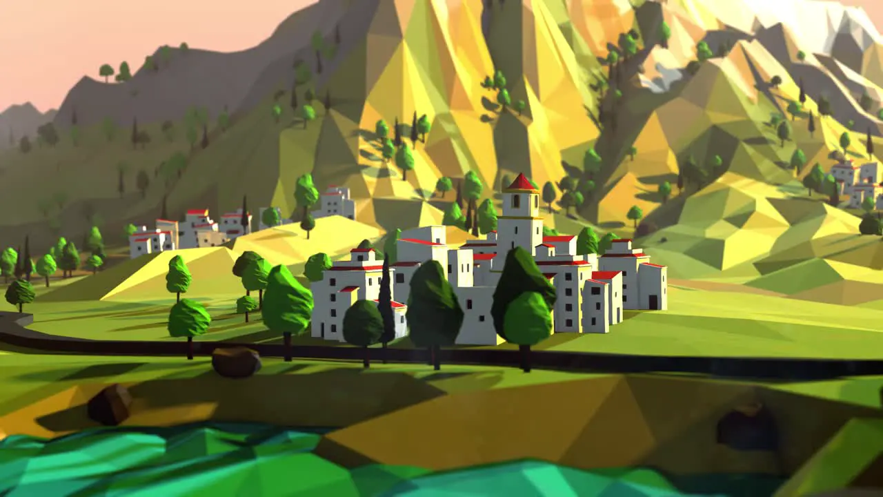 Slow Tilt Up to Reveal a White-Washed Mediterranean Village in a Low-Poly 3D Environment