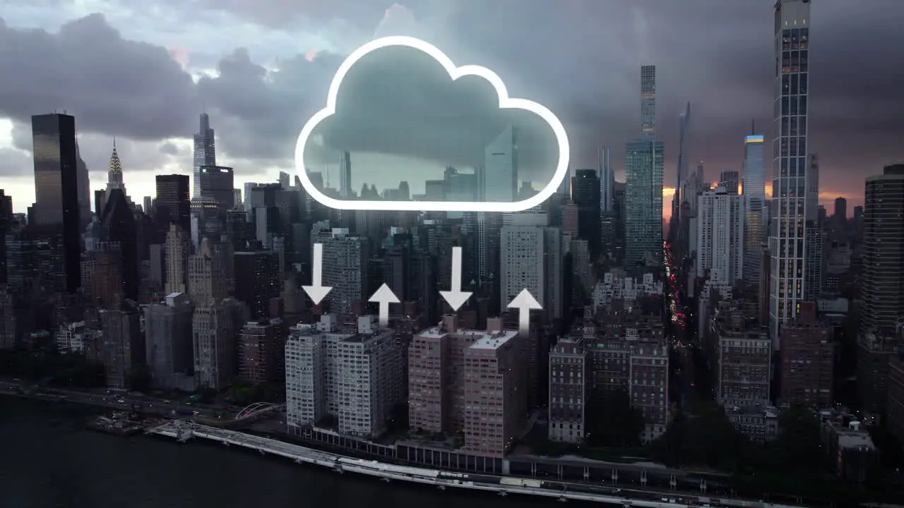 Cloud computing concept on dramatic sunset New York city background VFX Overlay