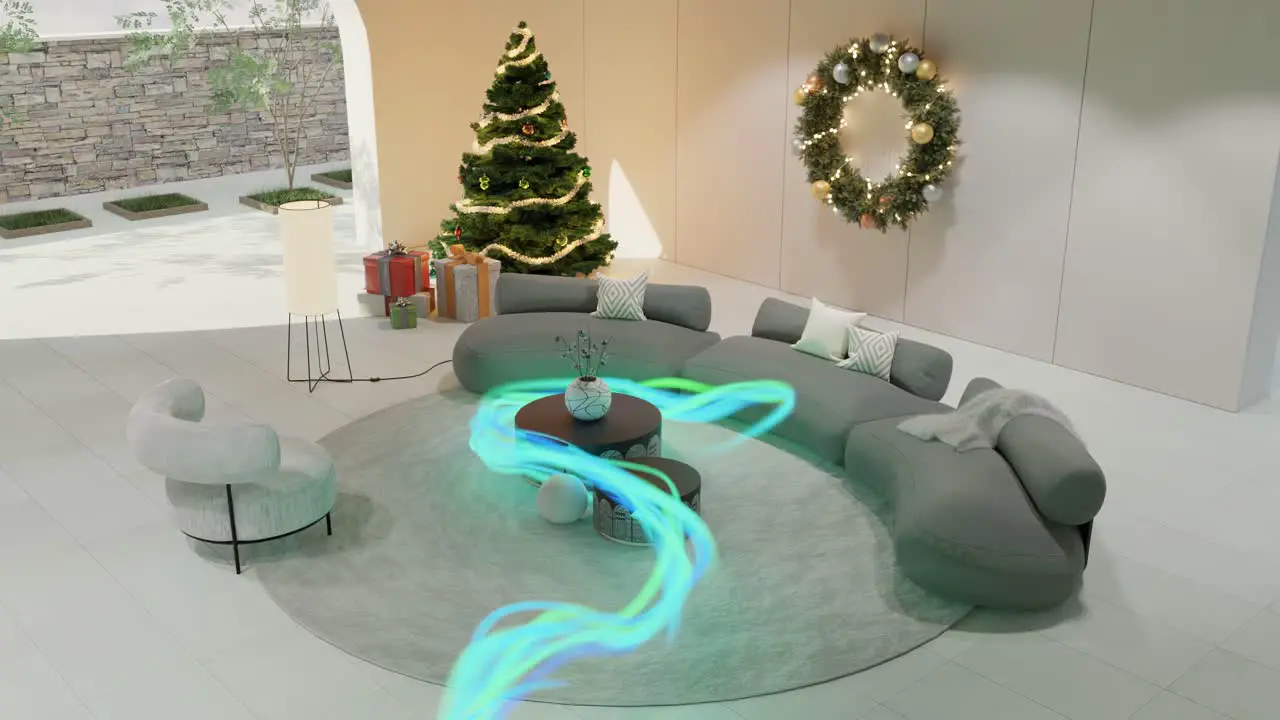 Glowing line moving through a christmas decorated living room VFX render