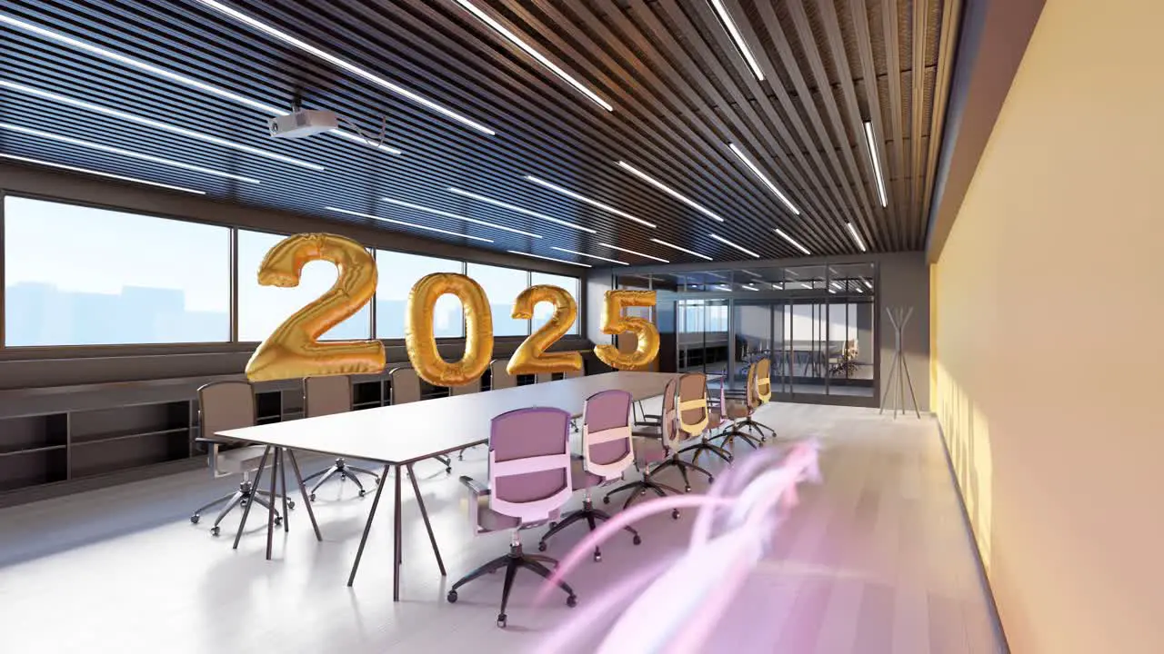 2025 balloons rising on a office table while a glowing line showing the interior