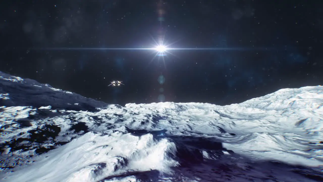 Spaceship Moving Over the Surface of a Moon Before Heading Out to Space