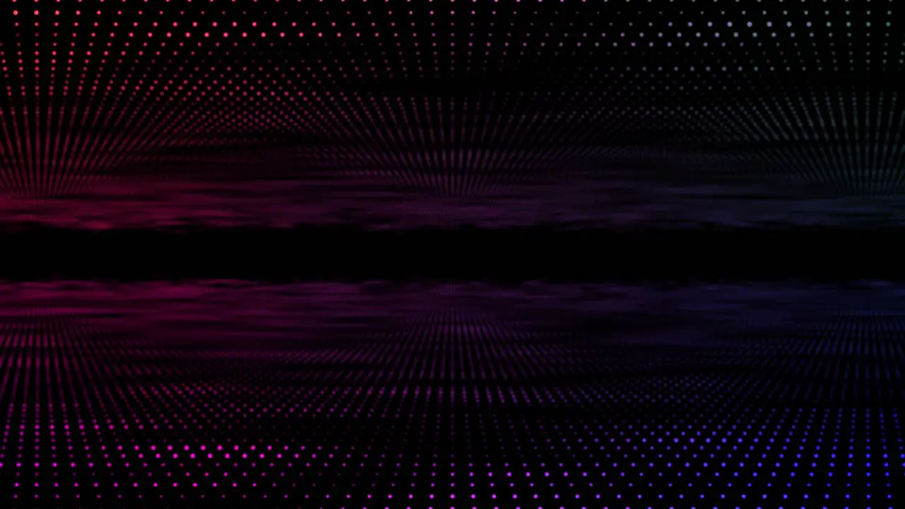 Digital disco dot 3D animation motion graphic tunnel dot glow lighting mirror particles on abstract black background loop visual effect live performance title 4K pink purple