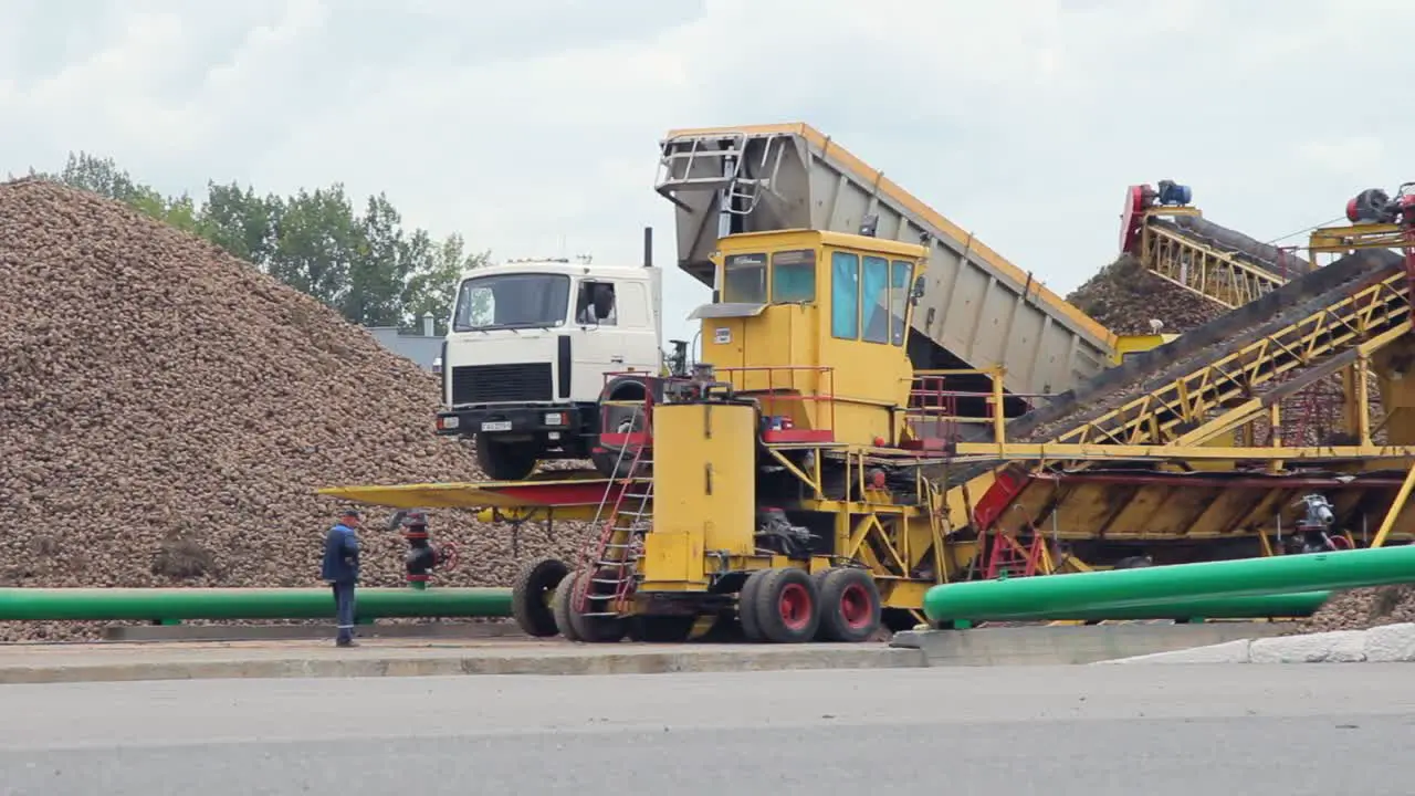 Flax unloading process at factory Unloading raw materials with cargo truck