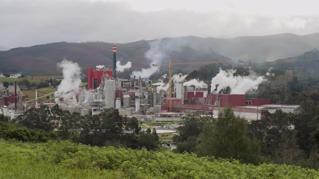 A paper industry emitting smoke and pollutant gases from many smokestacks in a green rural area while the wind disperses the pollution on a cloudy day