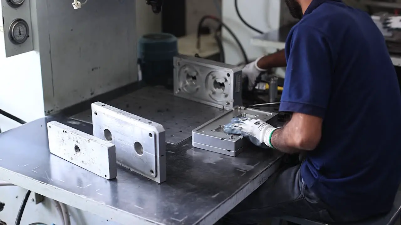 wide scene in which an employee is preparing a wax mold die in an automatic press machine