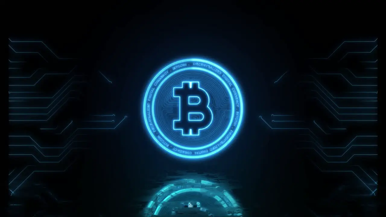 Neon glowing bitcoin symbol cryptocurrency