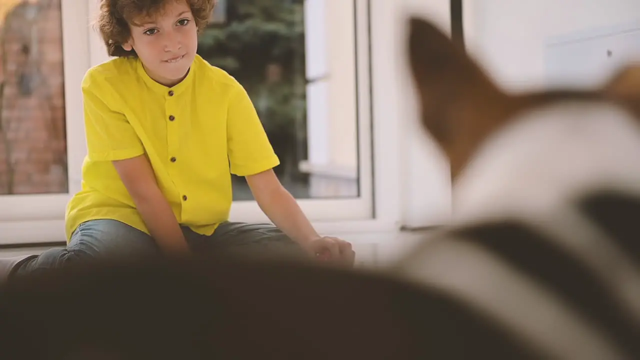 Blond Boy With Curly Hair Kneeling On The Floor While Playing With Balls With His Dog 1