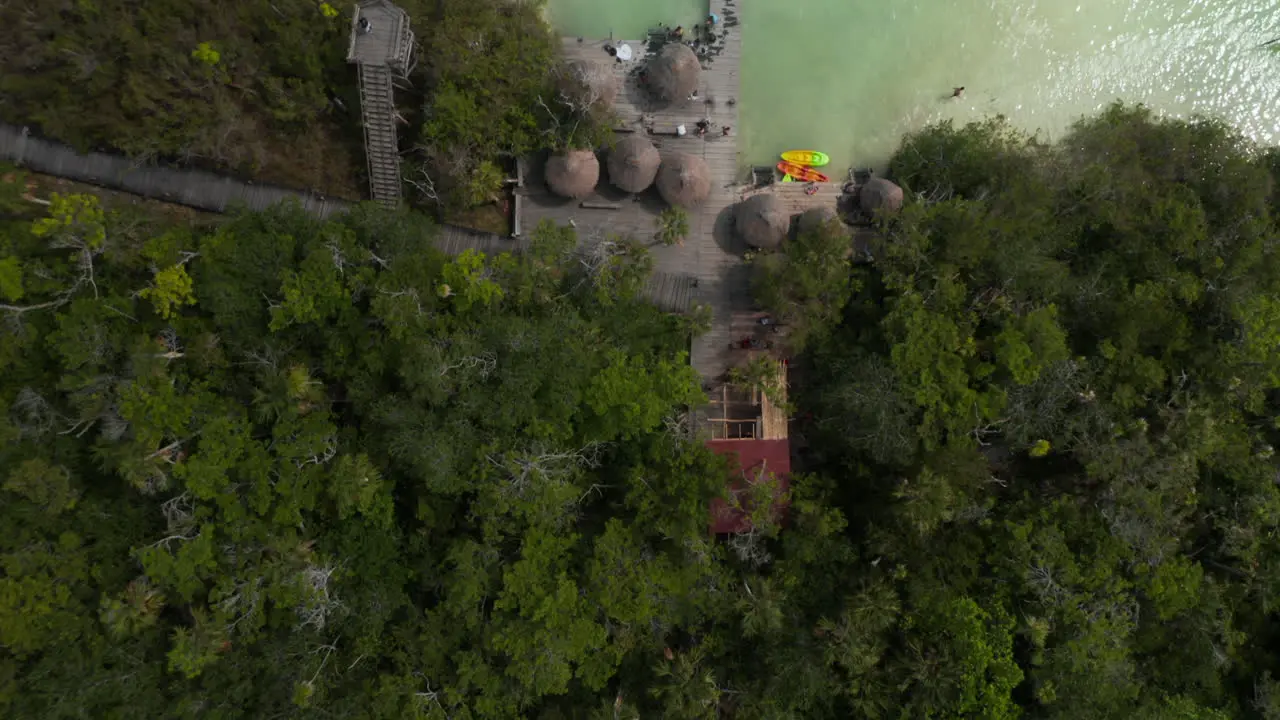 Aerial birds eye overhead top down panning view of tropical forest Revealing pastel green water in lake and people relaxing around wooden piers Kaan Luum lagoon Tulum Yucatan Mexico