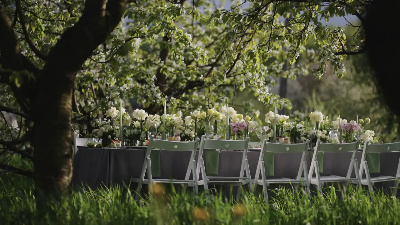 feast lunch in beautiful garden table with flower decorations in nature