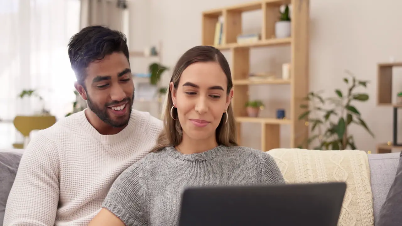 Laptop relax and couple talking on sofa