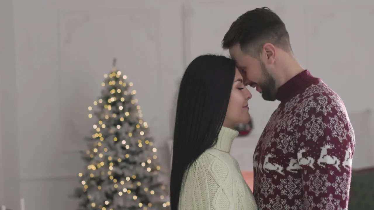 Romantic Couple Talking Together While Standing In Front Of Each On Christmas At Home