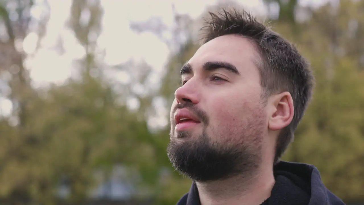 Relaxed Bearded Man Breathing Fresh Air Standing In The Park In The Morning 1