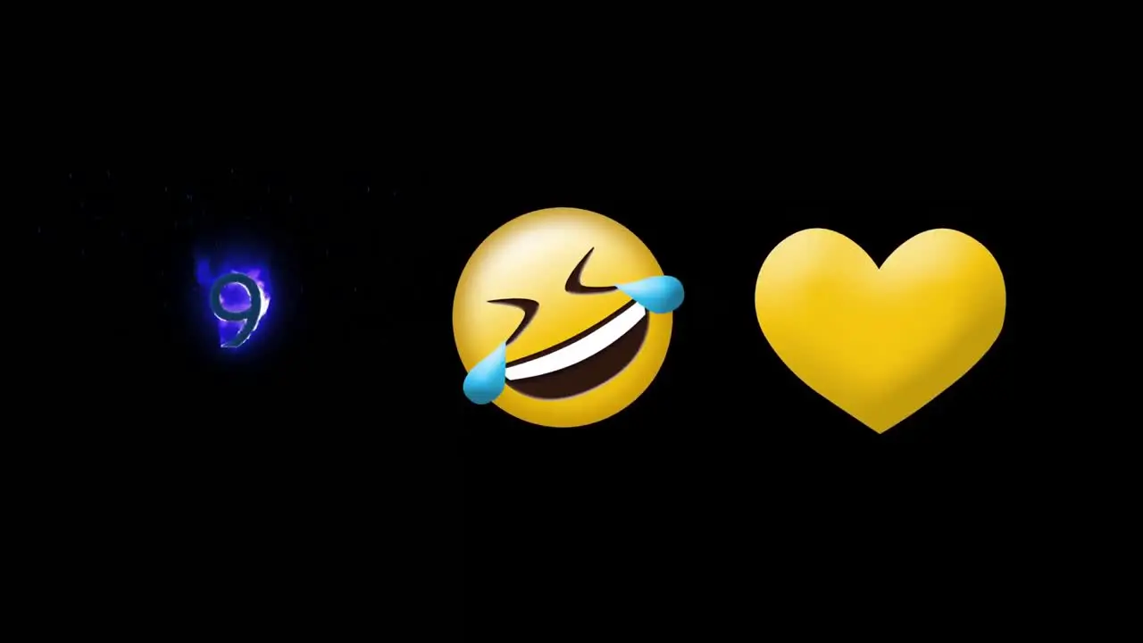 Laughing face emoji yellow heart and number nine on fire icon against black background