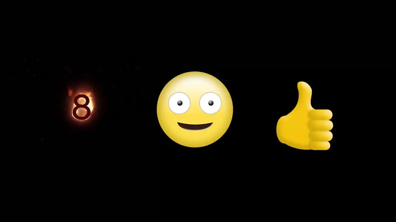 Silly face emoji thumbs up and number eight on fire icon against black background