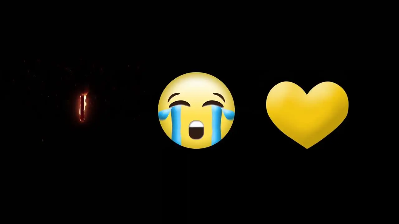 Crying face emoji yellow broken heart and number one on fire icon on black background