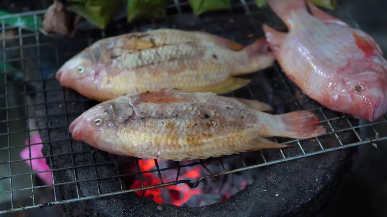 Whole Exotic fish is being grilled on the metal grid at the street near a restaurant in Taipei