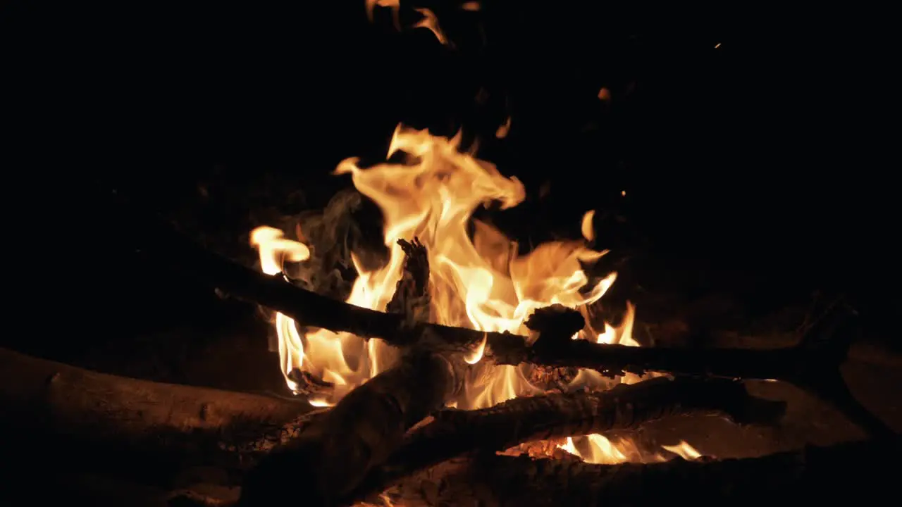 Campfire closeup at night in slow motion