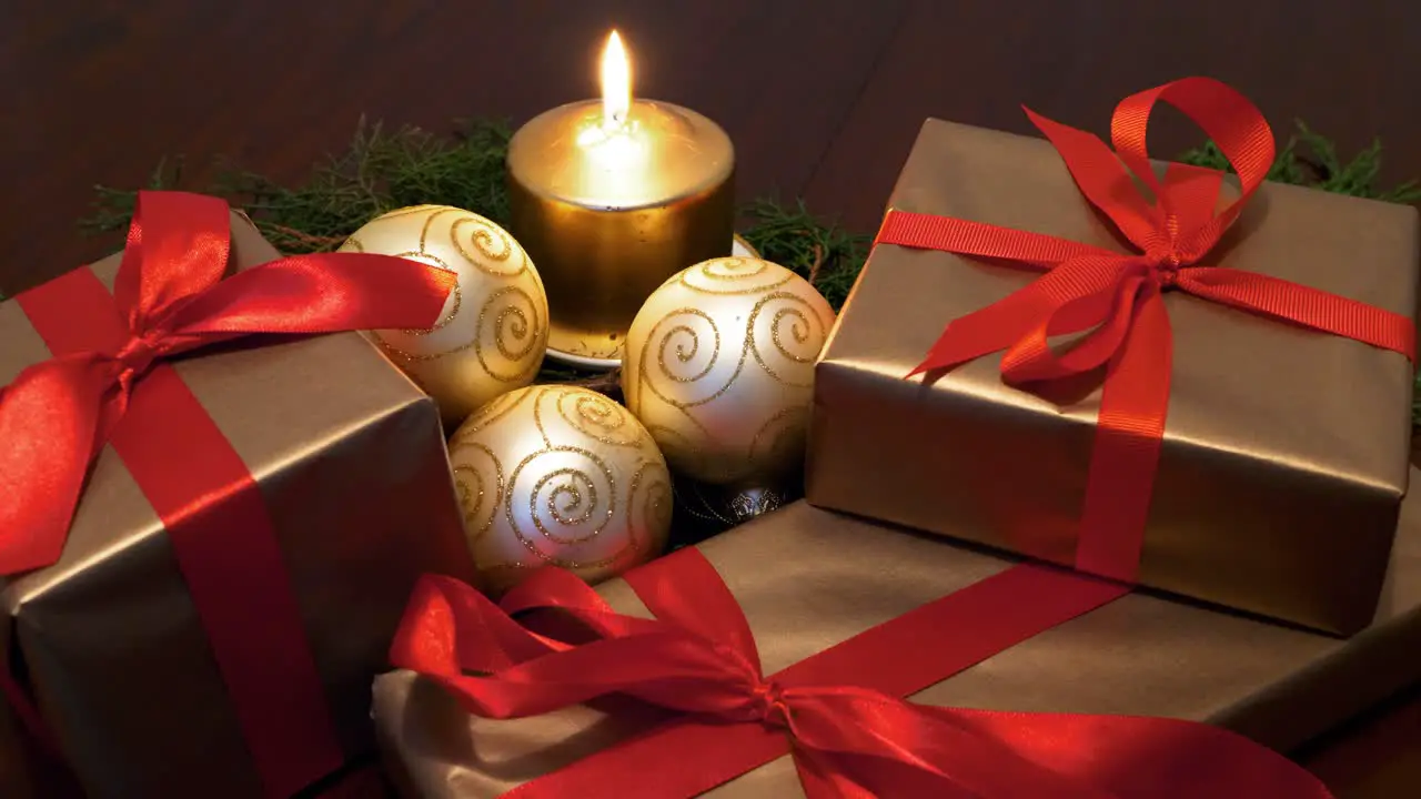 Closeup Burning Gold Candle Christmas Gifts Ornaments