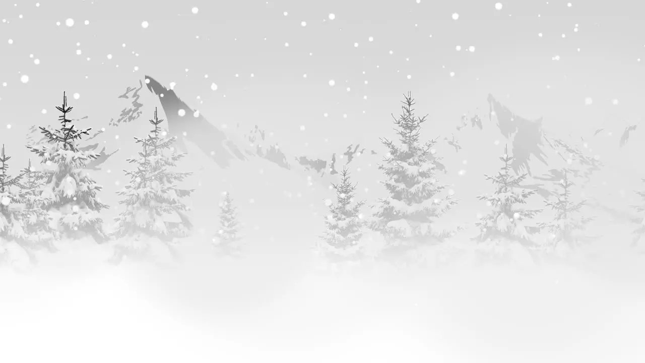 Christmas trees in forest around mountains and white snowflake