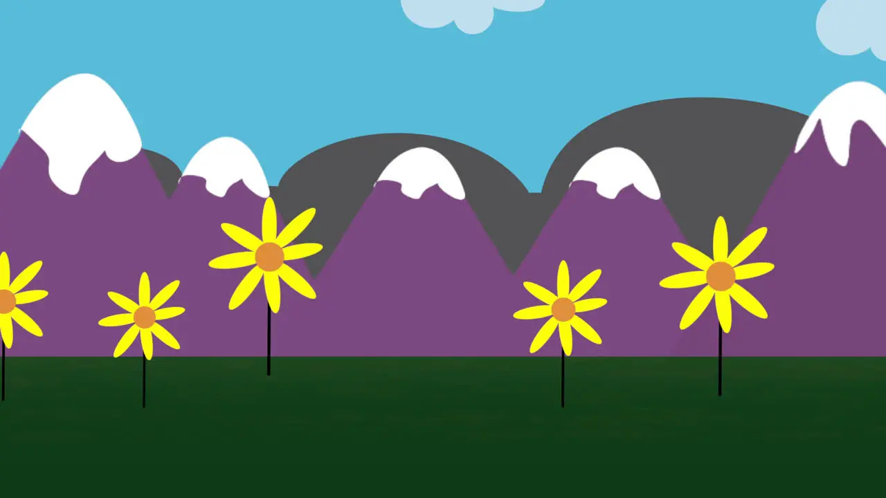 Cartoon animation background with flowers and mountain abstract backdrop