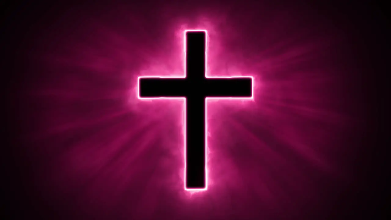 Uplifting and deeply inspiring reveal animation of a plain classic red holy Christian crucifix cross in a smoky mystical glow and emating shining God rays and light beams on a black background