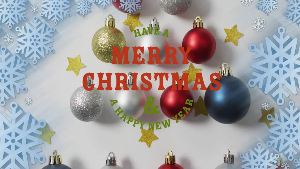 Animation of have a merry christmas and a happy new year text over star baubles and snowflakes